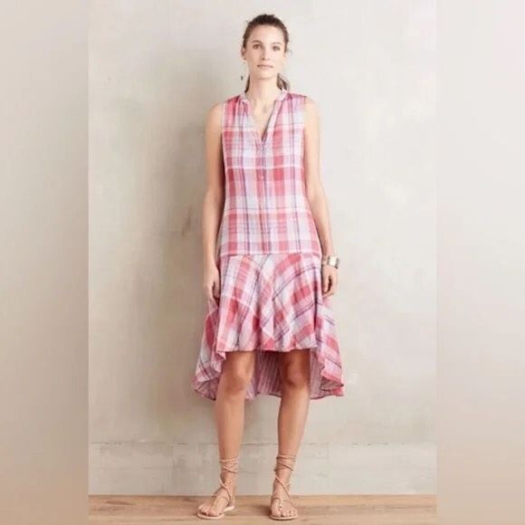 Maeve Anthropologie Pippa Pink Plaid Coastal Grandma, Cottagecore Swing Dress XS - Picture 1 of 12